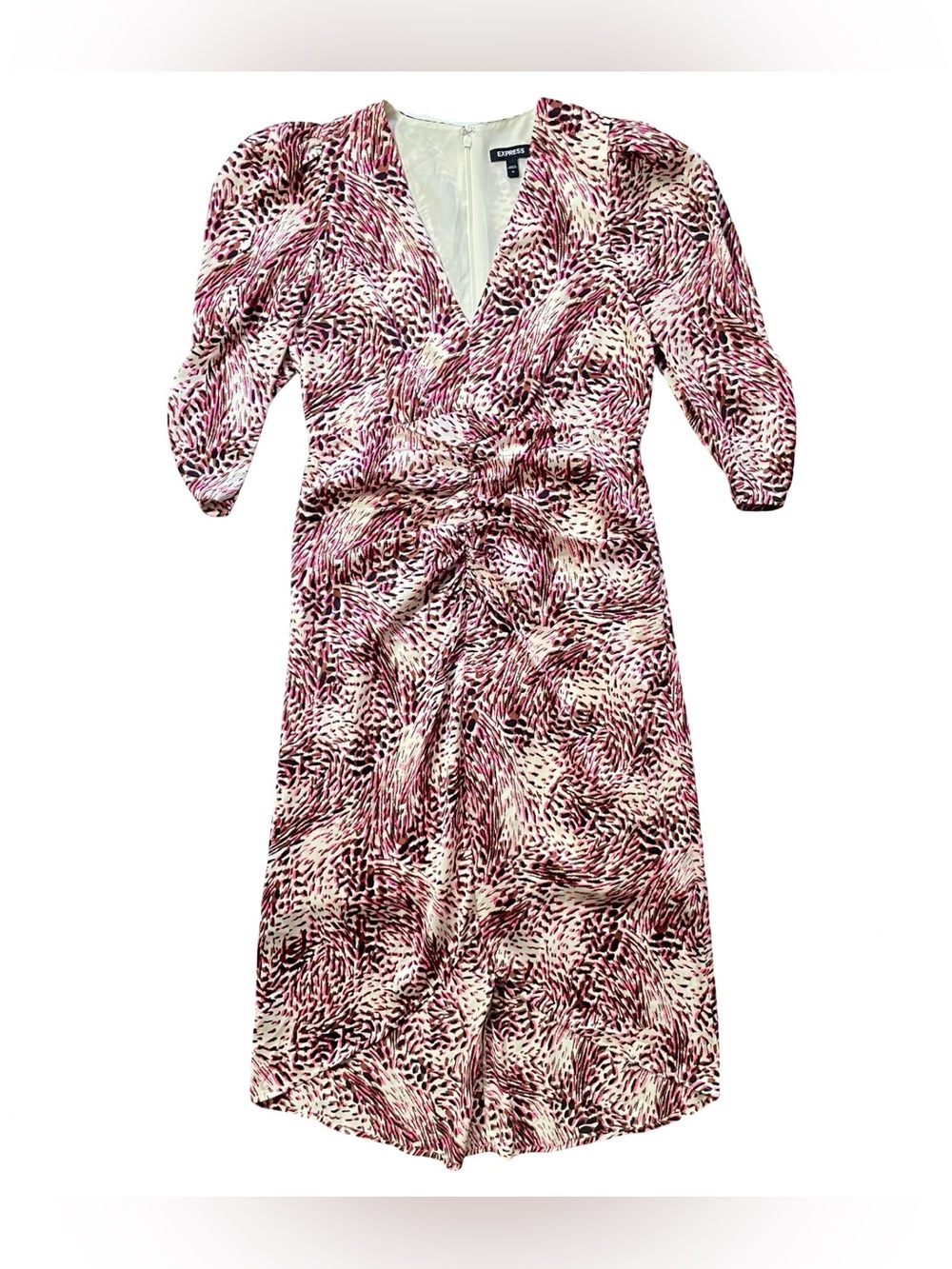 Express Abstract Animal Print Ruched High-Low Midi Dress - Picture 3 of 6